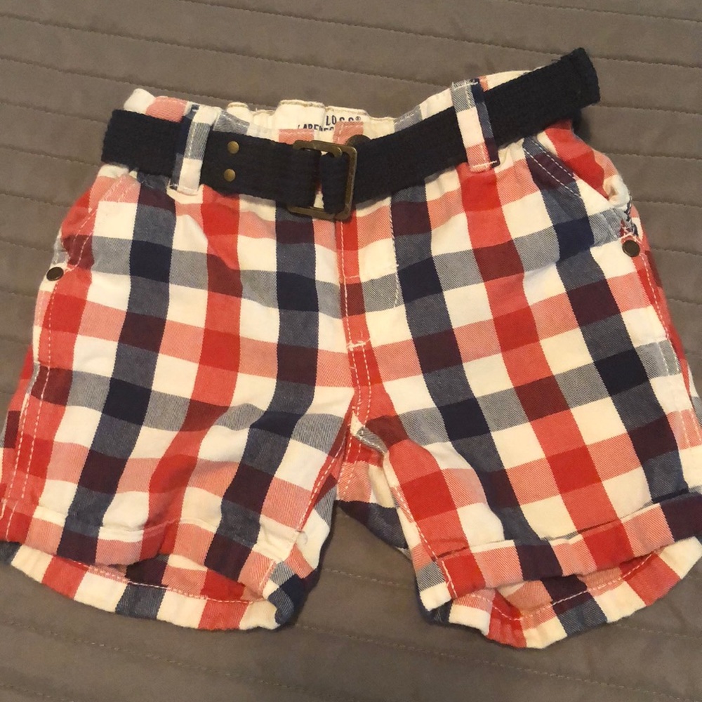 Red white and blue shorts with belt